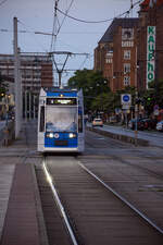 Tram 680 belonging to the company RSAG (Rostocker Straßenbahn AG) on line 1 in Lange Straße in Rostock.
