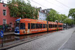 Tram 678 (line1) belonging to RSAG (Rostocker Straßenbahn AG) at the stop Kabutzenhof in Doberaner Straße in Rostock.