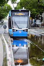 Tram 602 (line 5) belonging to RSAG (Rostocker Straßenbahn AG) at the stop Kabutzenhof in Doberaner Straße in Rostock.