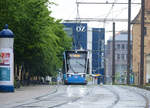 Tram 602 (line 2) belonging to RSAG (Rostocker Straßenbahn AG) is on its way into Neuer Markt in Rostock.