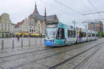 Tram 601 belonging to the company RSAG (Rostocker Straßenbahn AG) on line 1 at the marketplace (Neuer Markt) iin Rostock. Date: 7th June 2025.