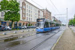Tram 613 belonging to the company RSAG (Rostocker Straßenbahn AG) on line 5 in Lange Straße in Rostock.