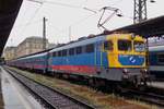 MAV 432 343 stands with a 'Swallow' fast regional train to Kobanya-Kispeszt via Zuglo in Budapest-Nyugati on a rainy 21 September 2017.