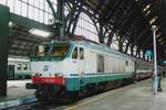 E402 003 -the last of five prototypes then in operation- stands at MIlano Centrale in front of an IC service to Roma Termini on 18 May 2008.