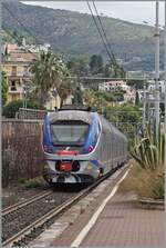 The FS Trenitlia ETR 425 010  JAZZ  leaves the Alassio train station towards Savona. June 17, 2024