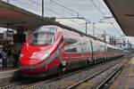 ETR 600 01 train stops at the platform in Ferrara. May 8th, 2025 ETR 600 01 train stops at the platform in Ferrara. May 8th, 2025