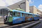 Tram 7077 stops at the stop at the station Roma Termini.
