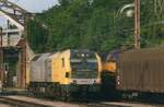 Dispolok mercenary ME 26-09 stands in Esch-sur-Alzette on 26 May 2004. Six of these locos were leased by CFL Cargo to plug in the gap that threatened to come with the demise of Classes 800, 850 and 900 in anticipation of newer Diesel locos. Class ME 26 were the less-than-succesfull Norwegian NSB Class Di.6, twelve of which were delivered to NSB in 1998. After two years of constant failures NSB revoked the contract with the builder, Siemens, and received their moneys back. Siemens immideatelt decided to sell her Diesel locomotive production capacities to MaK after the Norwegian debacle.