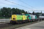 Rail Feeder 22 with mercenary 1104 -needed since an accident temporarily took out RF's own G2000s 1101 and 1102- and train passes through Boxtel on 9 August 2013.