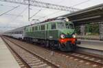 EP07-338 has been restored to an older green livery style and stands at Poznan Glowny on 22 August 2021.