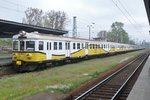 EN57-856 of Kolej Dolnoslaskyie has brought in the supporters of Lech Poznan and is stabled at Warszawa Zachodnia on 2 May 2016. Lech Poznan lost the Polish Soccer Cup Final 0-1 to Legia Warszawa.