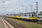 EN57-1158 of Kolej Dolnoslaskyie has brought in the supporters of Lech Poznan and is stabled at Warszawa Zachodnia on 2 May 2016. Lech Poznan lost the Polish Soccer Cup Final 0-1 to Legia Warszawa.