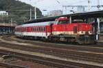 ZSSK 736 103 shunts passenger stock at Bratislava hl.st. on 17 September 2024.n Class 736 are heavily modernised Class 735 'Pielsticks' (named after the license-produced Diesel engine of the locos), five of which are performing pilot duties at big stations loke Bratislava hl.st. or Zvolen.