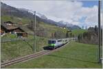 Near Enge in the Simmental, the BLS Re 4/4 II 504 (formerly SBB-CFF FFS) is on its RE service from Interlaken Ost to Zweisimmen.
April 14, 2021