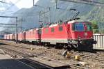 Three locos for a freight and 11177 leads the dance out of Erstfeld on 6 June 2015.