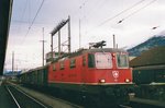 Post train with 11345 stands in Buchs SG on 27 May 2002.