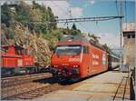  Wir verbinden die Schweiz  ( We connect Switzerland ) not a Red Cross advertisement but a SBB advertisement... Re 460 035-9 with a northbound express train passing through Ausserberg in September 1996. (Scanned negative)