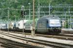 BLS 465 010 with intermodal train at Brig, 5 June 2009. Four years later, sound barriers make any repeat of this photo impossible.