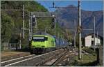 At the end of the long freight train on the journey towards Brig, the BLS Re 465 helps as a push locomotive.