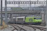 The BLS Re 465 011 reaches Spiez train station with the GoldenPass Express GPX 4065 from Interlaken Ost to Montreux. 

Feb 18, 2025