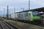 On a grey evening of 22 June 2024 BLS 485 002 slowly hauls an intermodal train through Offenburg.