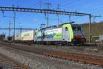 The Ambrogio intermodal train passes Pratteln on 13 February 2024 toward Italy with 486 502 taking the honors.