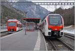 Sembrancher: The EVO RABe 533 701, which arrived from Orsières, will soon return to Orsières, while on platform 2 the connecting train to Martigny, consisting of two TMR RABe 525 NINA units, is arriving. 

January 24, 2026