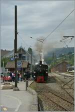 The SEG G 2x 2/2 105 of the Blonay-Chamby Railway waits with its steam train in Blonay for its departure to Chaulin.