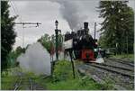 The SEG G 2x 2/2 105 of the Blonay Chamby Railway in Chaulin was supplied with water and coal for the next trip to Blonay and is now steaming back into the museum station.

June 9, 2024