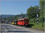 The RhB ABe 4/4 35 of the Blonay-Chamby Railway with the two RhB BC2 N° 121 and As2 N°2 as the Riviera Belle Epoque Express on the return journey from Vevey to Chaulin and leaves Vevey train station. 
28.07.2024