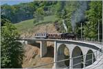 The SEG G 2x 2/2 105 of the Blonay Chamby Railway is en route with its steam train from Blonay to Chamby, crossing the newly renovated Baye de Clarens viaduct.