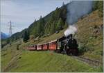 The HG 4/4 704 (ex 40-304 from Vietnam) is on its way to Realp via the Furka mountain line with its steam train.