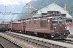 BLS 180 banks a freight into Erstfeld on 4 June 2014. Here, it will detach from the train, run round and place herself in front of the train -one of the very few instances, where at Erstfeld, a banking loco is taken OFF a freight that has to climb the way UP to Gschenen! 