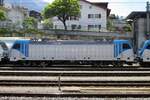 BLS Cargo 187 001 stands at Spiez on 5 June 2014 as part of a test train. 