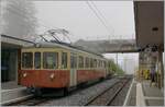 In the Winteregg, in the unusual fog in the middle of summer, the BLM Be 4/4 31 LISI is waiting to continue its journey to  the Grütschalp.