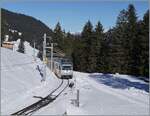 The BLM Be 4/6 101  Mönch  reaches the Winteregg train station as a regional train R 66 from (Lauterbrunnen)/Grütschalp to Mürren. February 18, 2025