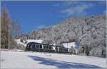 The MOB / BLS GoldenPass Expess GPX 4064 from Interlaken Ost to Montreux is almost at the end of its journey shortly after Les Avants.