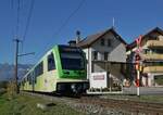 At the exit from Aigle, the new TPC ASD ABe 4/8 471 has left the journey on the road through the town behind and is now driving on its own route towards the vineyards.