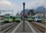 The TPC Beh 2/6 546 and 545 on the service on the AOMC line on the left in this picture and the TPC Bhe 4/8 592 and ASD ABe 4/8 473 in the right on this picture in the Aigle station.