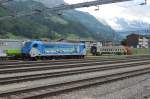 Hybrid loco 187 002 seen at Frutigen, but not at a stand-still, but running under its auxiliary Diesel engine; 30 June 2013. 187 002 is rented by BLS for tests and took the opportinuty to join the exhibition 100 years of BLS.