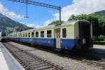 Old BLS coach of the type Einheitswagen-2 at Frutigen on a sunny 30 June 2013.