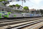 BLS 485 009 heads aloco train of three 187s in Spiez on 5 June 2014.