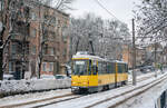 Tatra tram KT4DM No.1211 (route 3) on Akademika Andriy Sakharov Street. The electronic board mistakenly displays route 1, so a plate was placed over it. Taken on November 29, 2023.