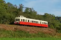 . The railcar XBD 3998  Nancy  is running on the track of the heritage railway CFV3V (Chemin de Fer � Vapeur des 3 Vall�es) between Vierves-sur-Viroin and Olloy-sur-Viroin on September 28th, 2014.