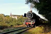 . The steam engine 50 3696-7 is heading a heritage train on the track of the heritage railway CFV3V (Chemin de Fer � Vapeur des 3 Vall�es) in Vierves-sur-Viroin on September 28th, 2014.
