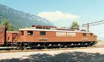 BLS Ae 6/8 Nr. 208 switching some wagons in the yard near joint  BLS/SBB-CFF(*)/BOB  station Interlaken-Ost, August 1993 (* today ZB)