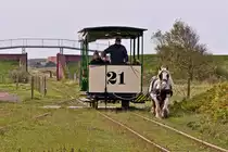 . The heritage waggon N� 21 is entering into the station of the Museumspferdebahn Spiekeroog on October 9th, 2014.