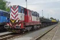 Strabag 740 678 stands in front on an engineering train at Rakovnik on 25 May 2015.