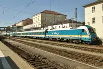 Arriva Landerbahn EXpress 183 003 has put herself in front of the ALEX to München Hbf  at Regensburg Hbf on 17 September 2015.
